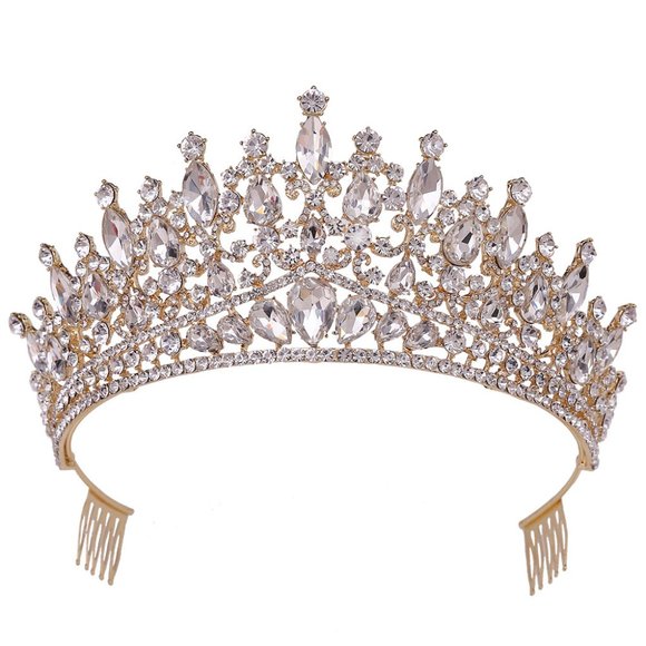 Accessories - Queen Tiara Gold Crown with Comb, Bridal, Pageant Prom, Halloween, Quinceanera